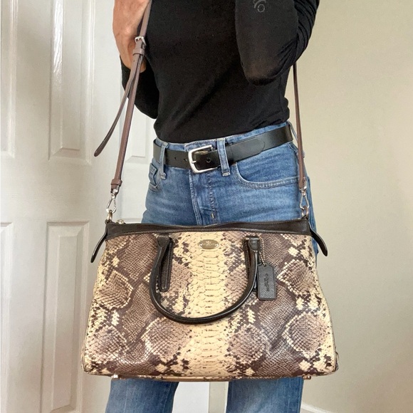 Coach Morgan Satchel Snake Skin / Python Embossed Brown Cream Cross Body Bag - Picture 6 of 13